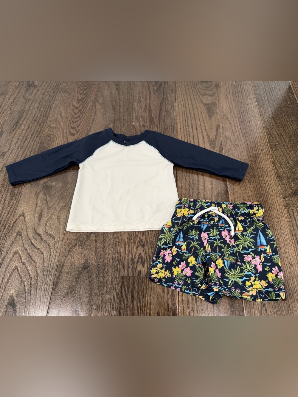 Old Navy Baby Boy Swim Set: Navy & White Rash Guard Set with Tropical Print Swim